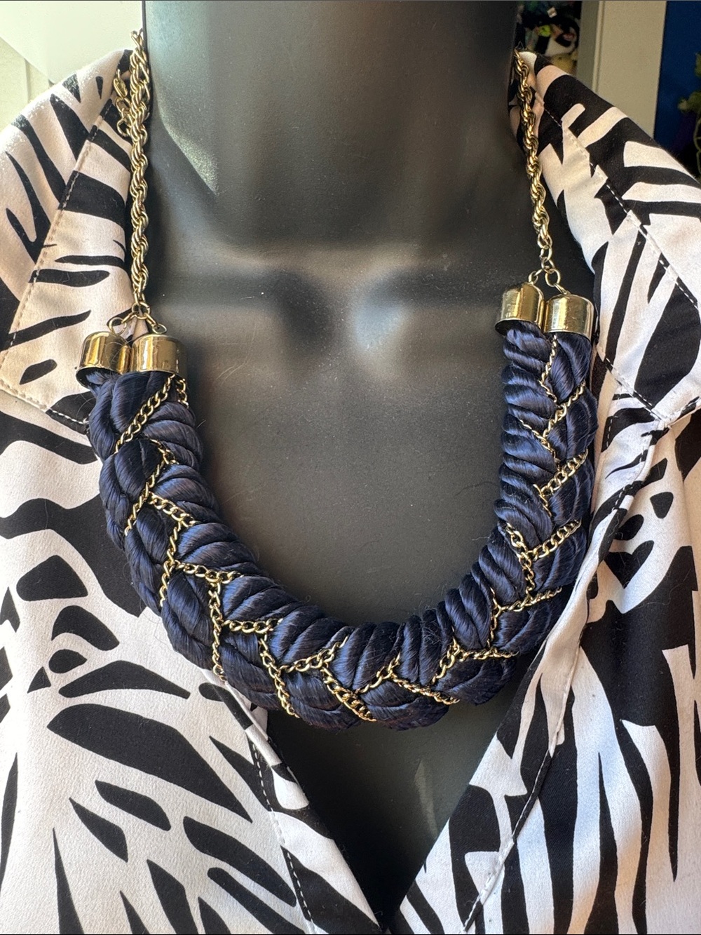 Navy Rope & Gold Chain Statement Necklace - Women Jewelry